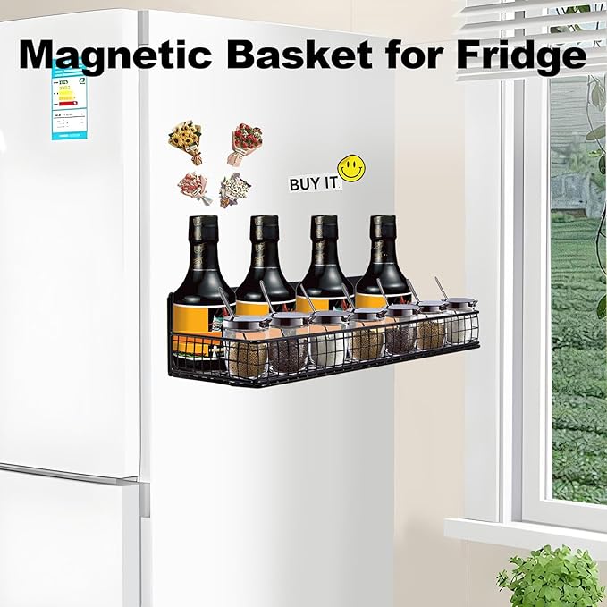 Magnetic Shelf for Fridge Magnetic Basket Organizer Wire Mesh Magnetic Holder Magnet Shelf Accessories for Office Kitchen Classroom Storage, Black-Low, 13.77" x 5.11" x 1.7