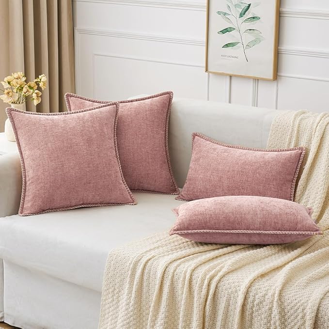 MIULEE Pack of 2 Couch Throw Pillow Covers 24x24 Inch Blush Pink Farmhouse Decorative Pillow Covers with Stitched Edge Soft Chenille Solid Dyed Spring Pillow Covers for Sofa Bed Living Room