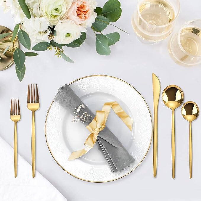 KassKa Gold Silverware Set, 20 Pieces Flatware Cutlery, Stainless Steel Utensils Spoon Fork Knives for Home Restaurant and Kitchen, Mirror Polished Finished, Service for 4