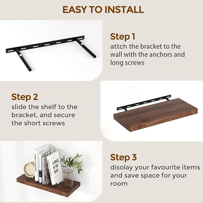 Fun Memories 16 Floating Shelves for Wall, 9 Inch Deep Floating Shelf for Bathroom, Rustic 16 x 9 Floating Shelf for Kitchen, Bedroom, Wide Wooden Shelves Wall Mounted, Walnut Color, Set of 2