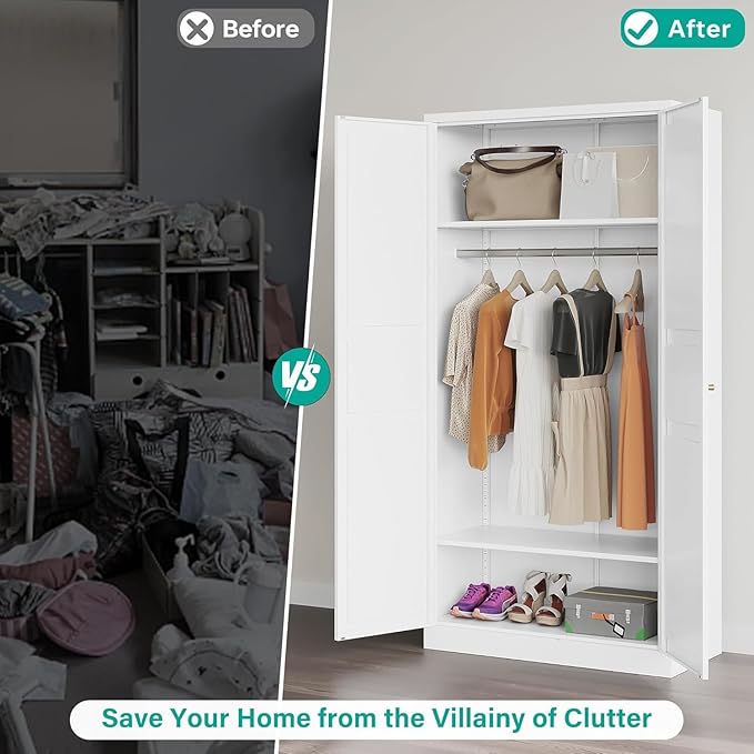 Metal Wardrobe Cabinet with Hanging Rod,White Armoire Wardrobe Closet,Metal Clothing Storage Cabinet with Adjustable Shelves and Doors,72" Wardrobes Storage Cabinet for Home,Living/Laundry Room