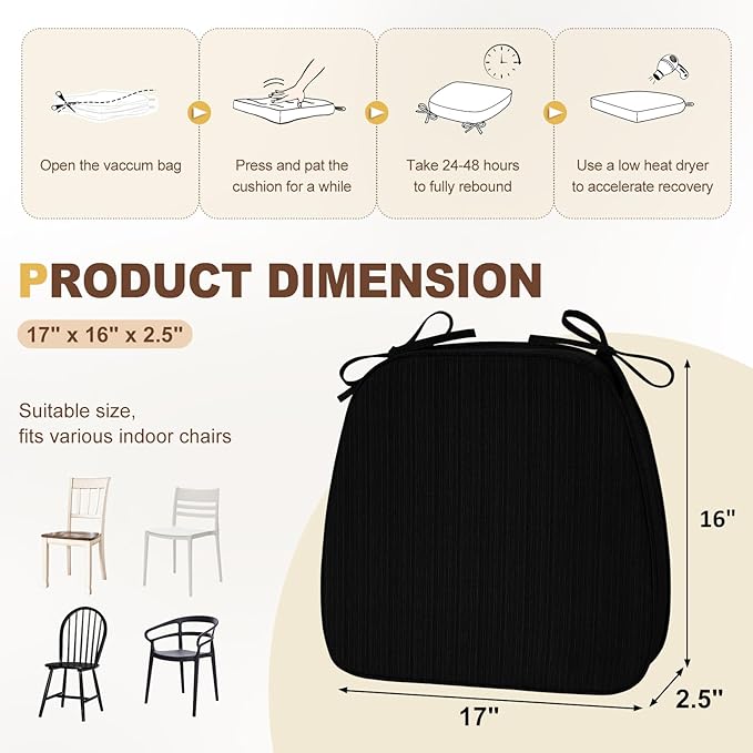 downluxe Chair Cushions for Dining Chairs, Waterproof Kitchen Chair Pads, Non-Slip Dining Seat Cushion with Ties, 17" x 16" x 2.5", Black, 4 Pack
