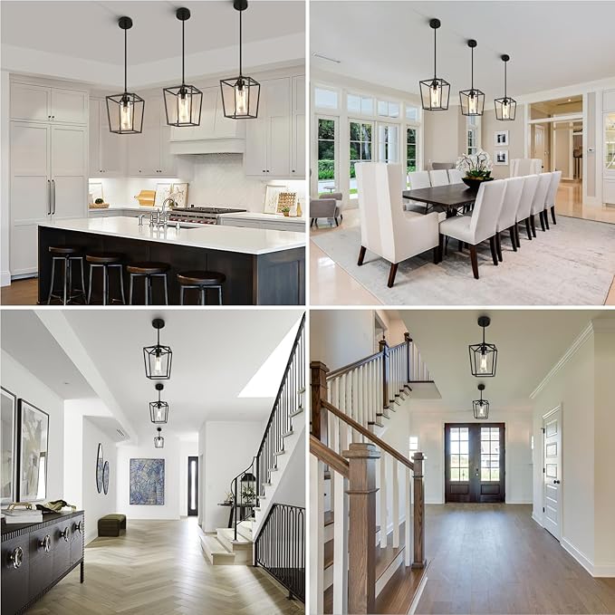 3 Pack Black Pendant Lights for Kitchen Island, 1-Light Farmhouse Metal Pendant Light Cage Kitchen Hanging Light Fixtures with Clear Glass Shade for Dining Room, Entryway, Hallway, Foyer
