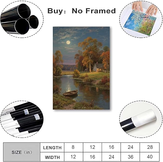 Small house by the stream under the moonlight tranquil style suitable for living room bedroom and office landscape poster wall art