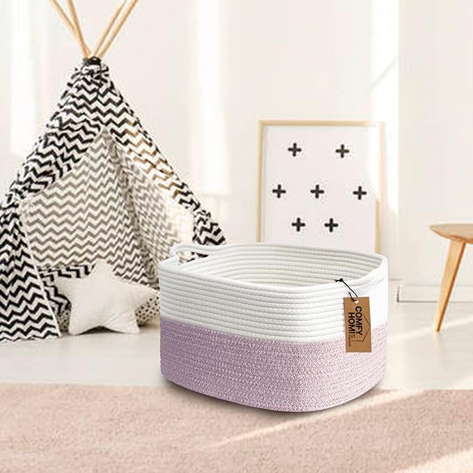 COMFY-HOMI Cotton Rope Woven Medium Basket with Handles for shelf,Cloth Storage Basket for Organizing-13.5X11X9.5 Storage Bin for Bedroom, Newborn or Infant Gift for boy girl (White/Pink)