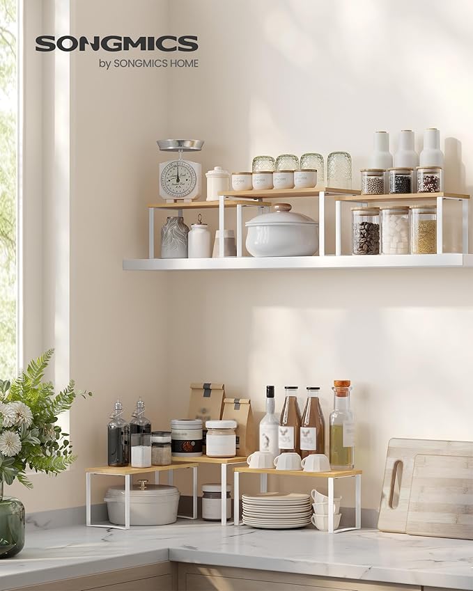 SONGMICS Cabinet Organizer Shelf, Set of 3 Kitchen Counter Shelves, Kitchen Storage, Spice Rack, Stackable, Expandable, Cloud White and Natural Beige UKCS014W01