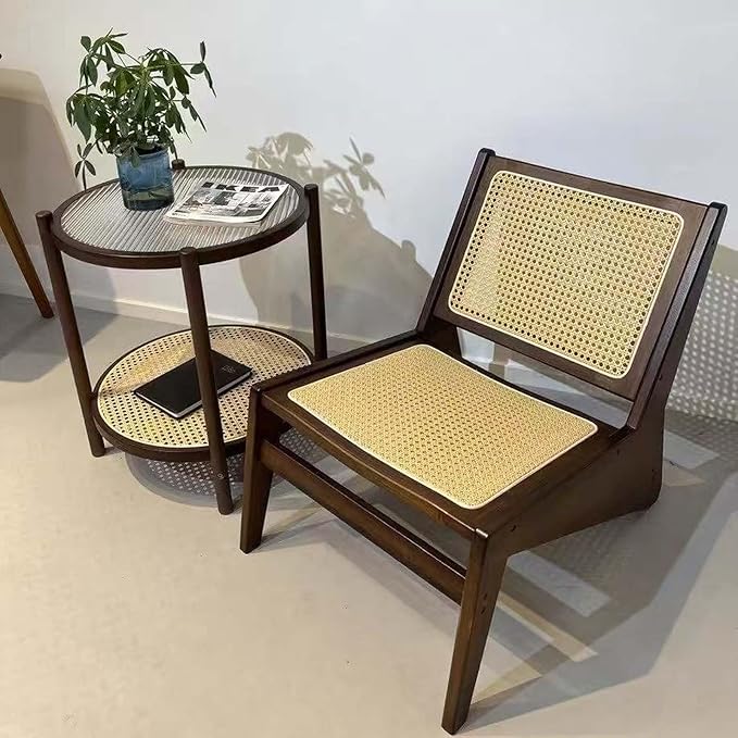 Mid-Century Accent Chair, Rattan Lounge Chair for Living Room, Boho Side Corner Comfy Chair for Bedroom and Balcony, Walnut