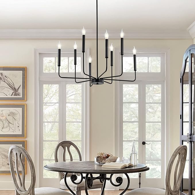 Modern Black Farmhouse Chandeliers, 8-Light Industrial Metal Chandelier Lighting, Classic Candle Hanging Pendant Light Fixtures for Kitchen Bedroom, Dining Room, Living Room,Foyer