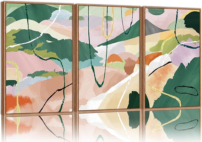 Tinonedraw Colorful Abstract Framed Canvas Wall Art Set of 3, Green and Pink Oils Inks Artwork, Neutral Modern Minimalist Wall Decor for Living Room, Bedroom, Office 16"x24"