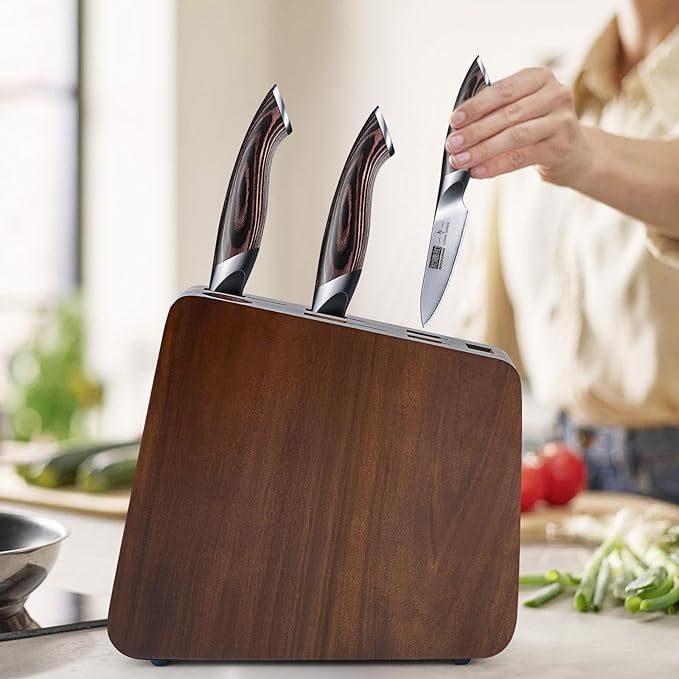 Magnetic Knife Block 10 x 9 Inches, Double Sided Magnetic Knife Holder and Kitchen Knife Organizer Storage, 7 Slots Acacia Wood Universal Knife Block for Chefs