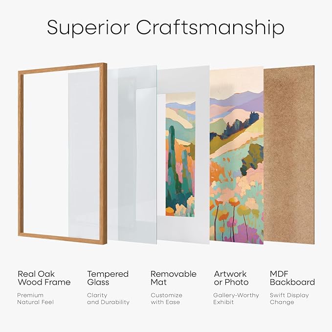 Homeforia 11x14 Picture Frame Wood, High End Natural Oak 11x14 Light Wooden Poster Frames with Mat 8x10, 11 x 14 Frames Matted to 8 x 10 Photo, 14x11 Hanging Frames, Tempered Glass, Wall Kit, Set of 1