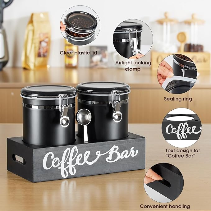 Yangbaga 2 x 63OZ Stainless Steel Coffee Canisters with Handle Shelf, Airtight Locking Clamp & Scoop, Food Storage Jars for Kitchen
