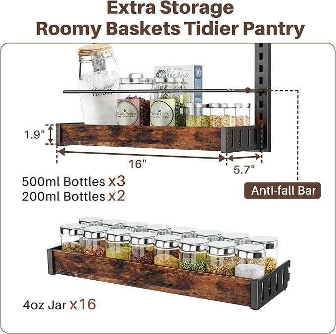 8 Tier Over The Door Pantry Organizer, 2 IN 1 Wall Mount or Metal Hanging Spice Rack for Pantry Organizers and Storage, Seasoning Shelves,Adjustable Basket with Hooks for Kitchen, Bathroom,Laundry
