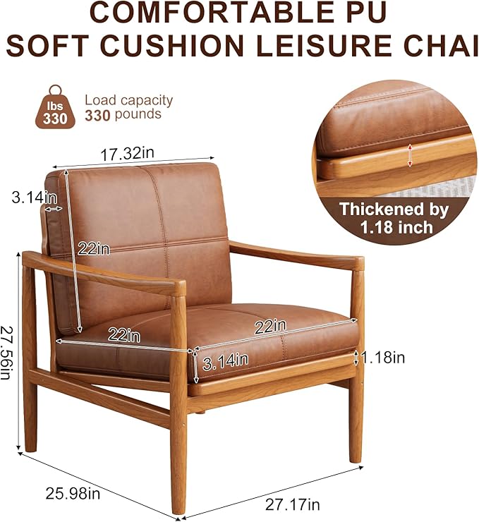 Mid Century Modern Accent Chair Set of 2, Leather Accent Chair, Relaxing Armchair with Solid Wood Frame & Soft Cushion, Reading Leisure Chairs for Living Room