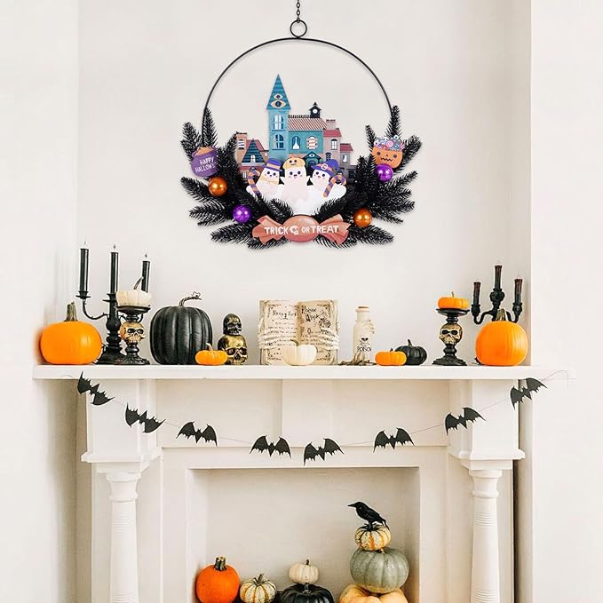 Lighted Halloween Wreaths for Front Door, Welcome Metal Wooden Door Wreath Decor Hanging Sign, 30 LED Lighted Wall Decor Battery Operated for Halloween Indoor Outdoor (Ghost)