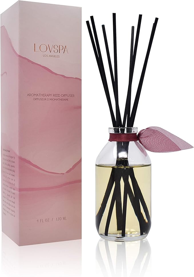 LOVSPA Reed Diffuser Set, Mahogany Teakwood Scented Oil Diffuser with Sticks, Home Fragrance Accessories for Bathroom Shelf Decor, Aroma Diffusers for Home or Office Fall Decor, USA Made