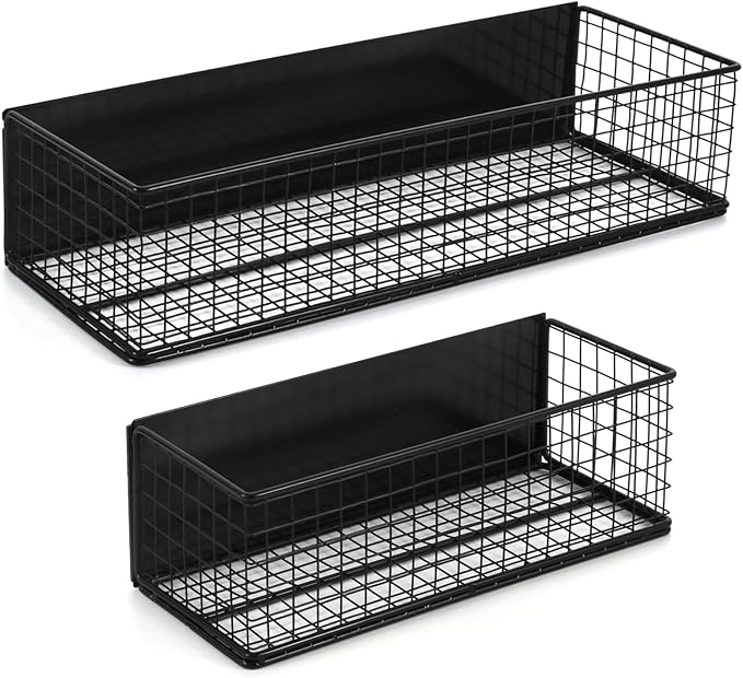 Magnetic Basket, Magnetic Shelf for Fridge,Magnetic Spice Rack Wire Mesh Magnetic Organizer Holder Accessories for Office Kitchen Classroom Storage, Black-High, Large x1&Small x1 Set of 2