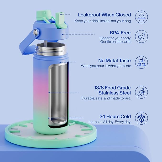 Insulated Water Bottle with Straw Stainless Steel Water Bottle, Leak-Proof, BPA-Free, Double Wall Vacuum Keeps Cold for 24 Hours for Sports, Travel, School (18 oz, Frosted Lilac)