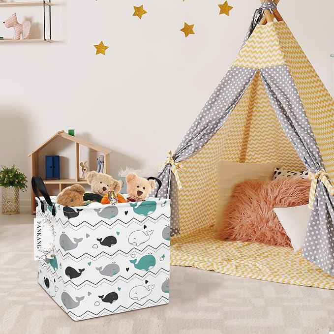 FANKANG Square Nursery Hamper Storage Bins Canvas Laundry Basket Foldable with Waterproof PE Coating Storage Baskets Gift Baskets for Children, Office, Bedroom, Clothes(Square-whales )