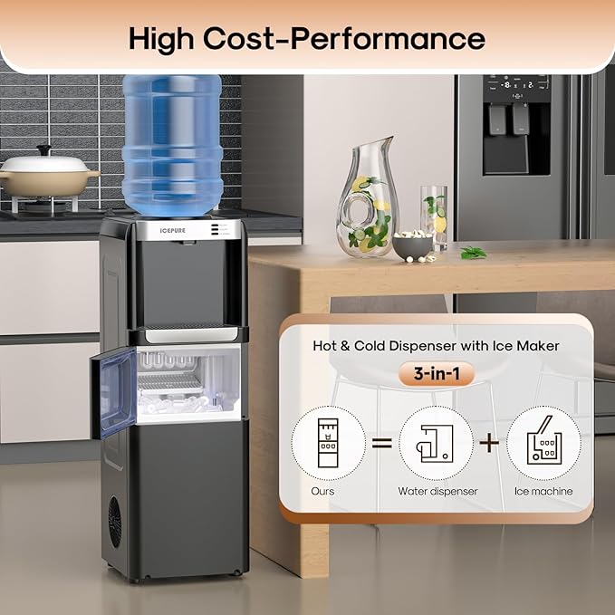 ICEPURE 3-in-1 Water Dispenser with Ice Maker, Water Cooler Dispenser for 5 Gallon Bottle Built-in Bullet Ice Maker Top Loading, Hot and Cold Water Dispenser for Home/Office, 33lbs/24H, Child Lock