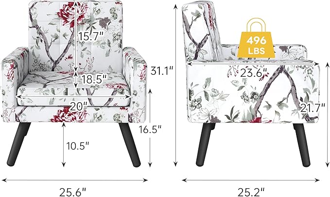Kromax Mid-Century Modern Accent Chair Set of 2 for Living Room, 496 Lb. Weight Capacity, Dual Armrests, Comfy Extra Large Seat, Timeless Style Perfect for Reading & Relaxing, Red Floral