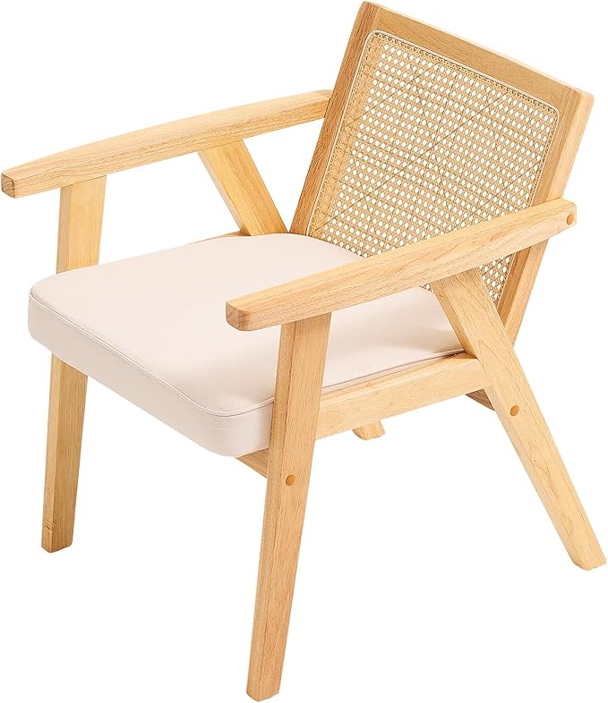 VEVOR Mid Century Modern Rattan Chair, Upholstered Velvet Accent Chair with Rattan Back, Retro Living Room Chair for Living Room, Bedroom, Reading Room, and Office, Beige