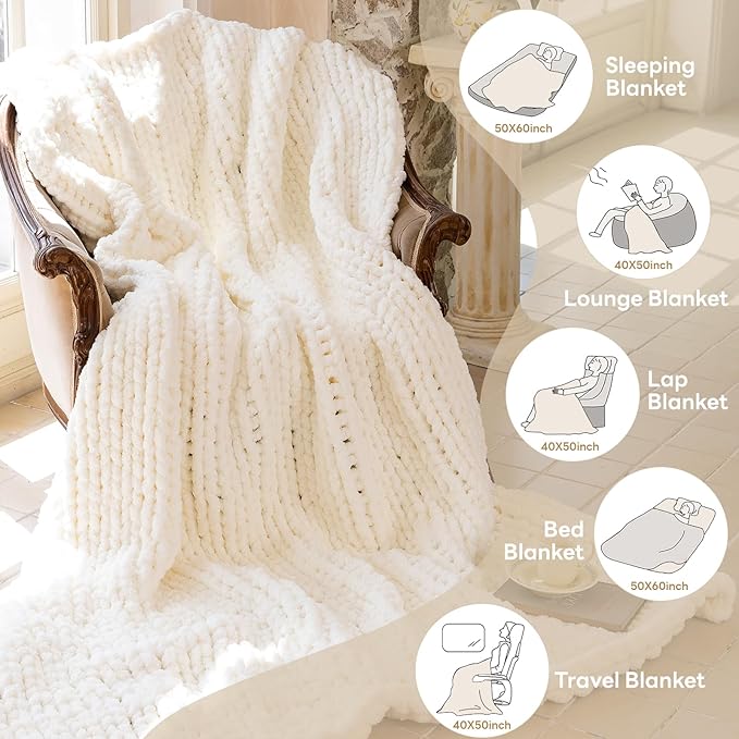 Chunky Knit Blanket - Luxury Soft Cozy 60 * 80 Throw Blanket,100% Woven Blanket Rope Knot Throw Blanket for Couch, Sofa, Home Decor, Gift - Machine Washable(Milk White)
