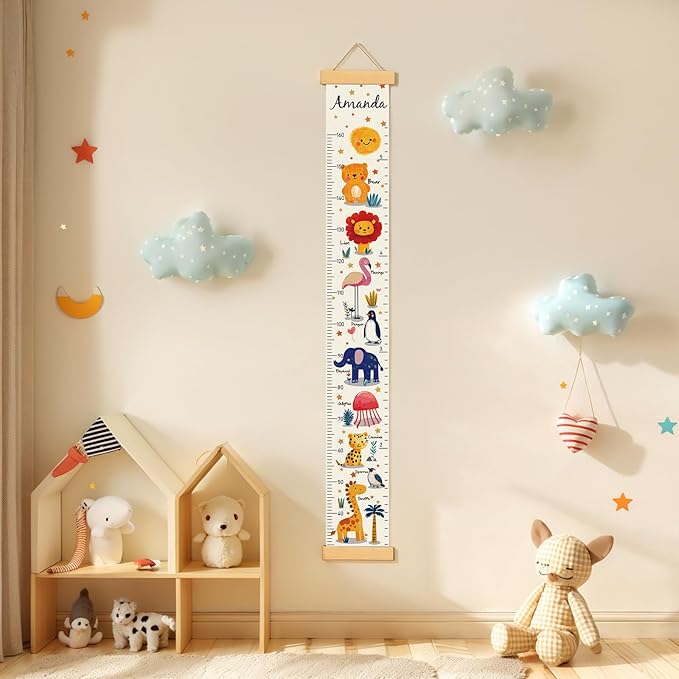 Personalized Name Growth Chart Wall Decor for Kids – Canvas Removable Height Chart Measuring Ruler 59" x 7.9" (Animals)