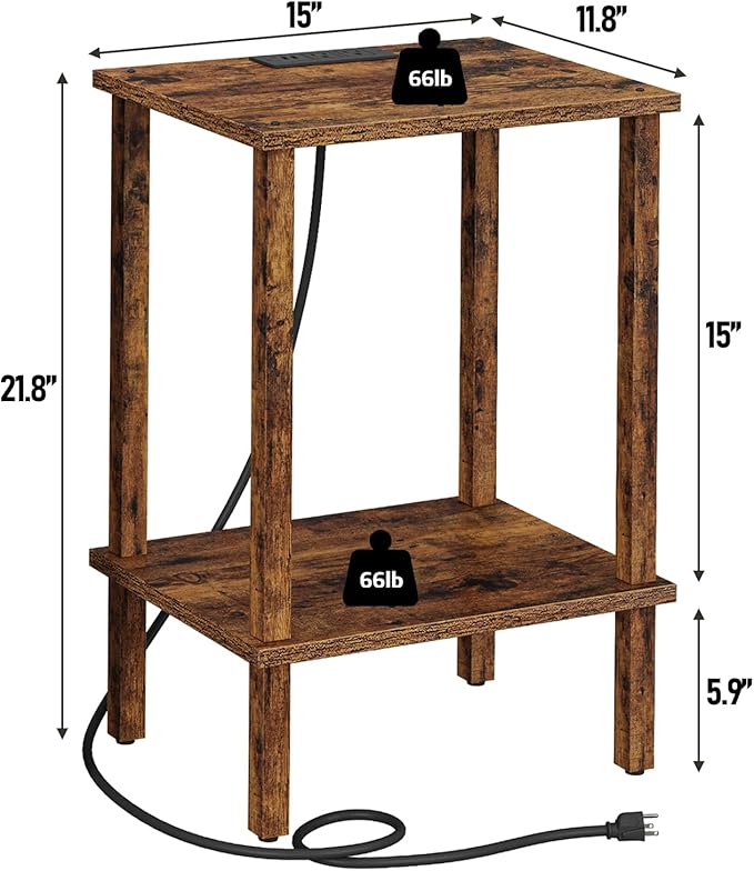 TUTOTAK End Table with Charging Station, Set of 2, Small Side Table with Outlets, Nightstand Bedside Table, 2-Tier Storage Shelf for Small Space, Living Room, Bedroom Brown TB01BB041C
