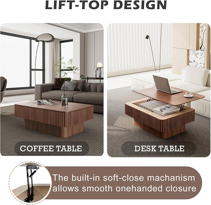 Lift Coffee Table with Storage & Adjustable Height, Solid Wood Coffee Table Fluted Center Table Accent Tea Table or Living Room, Apartment, Office (38.6" Walnut)
