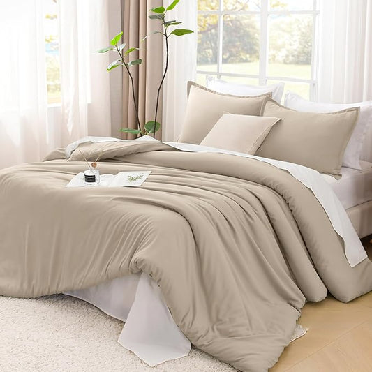 Litanika Khaki Comforter Set Full Size, 3 Pieces Solid Bedding Comforter Set, All Season Down Alternative Bed Set (79x90In Comforter & 2 Pillowcases)
