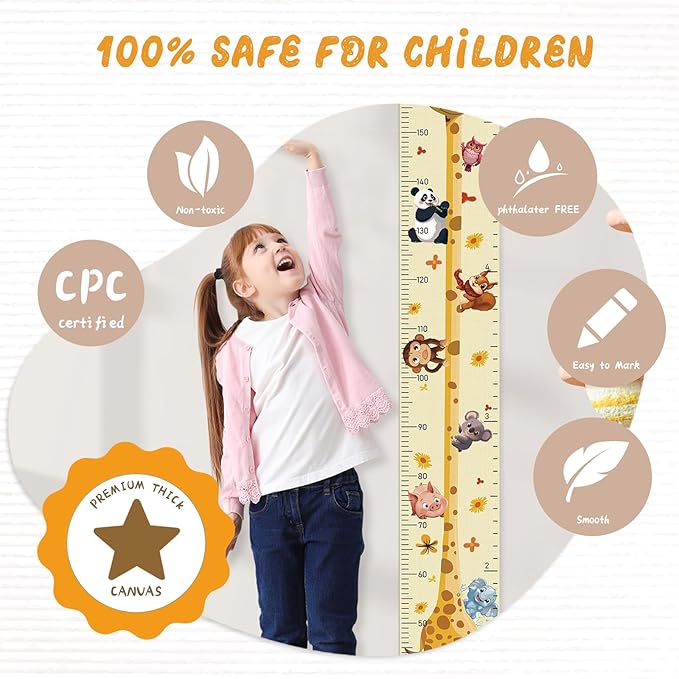 Personalized Name Growth Chart Wall Decor for Kids – Canvas Removable Height Chart Measuring Ruler 59" x 7.9" (Giraffes)