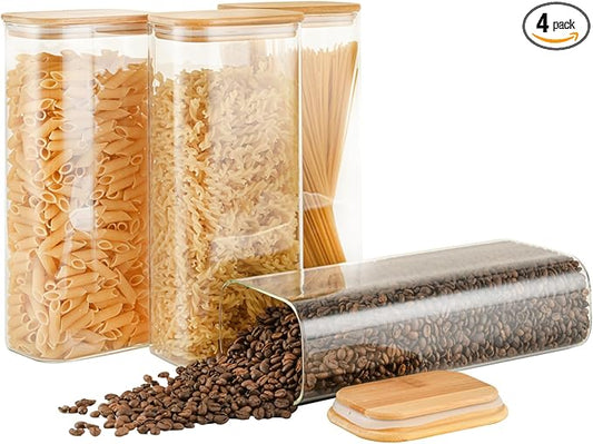 71oz Rectangle Airtight Glass Storage Containers with Bamboo Lids (Set of 4), Square Food Storage Jar, Pantry Organizers for Sugar, Flour, Spaghetti and Coffee beans (with Black Lable)