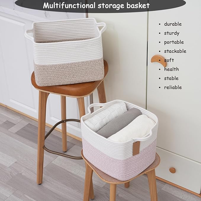 COMFY-HOMI 3PACK Cotton Rope Square baske with Handles for Shelves|Dog Toy baske Bin and Storage|Baby baske for Gift|Shoe baske for Organizing|13.5" x 11" x 9.5" for Living Room(White/Pink)