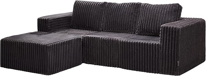 Hobestluk Modular Sectional Sofa Memory Foam Couch Oversized Sectional Sofa 3-Seater with Chaise Cloud Couch with Removable Cover L Shape Sofa for Living Room (Strip Grey, 3-Seater with Chaise)