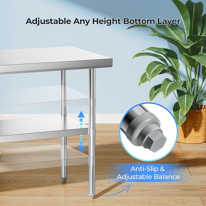 NUUK Stainless Steel Work Table 24 x 36 Inches Heavy Duty Commercial Workstation Adjustable Height Kitchen Food Prep Worktable for Restaurant, Home and Hotel