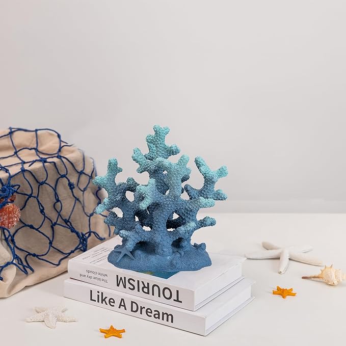 7.1" H Blue Coral Decor, Resin Coral Statue, Nautical Decorations for Home, Bedroom, Bathroom, Living Room, Beach/Coastal/Ocean Themed Cabinet Shelf Tabletop Decor