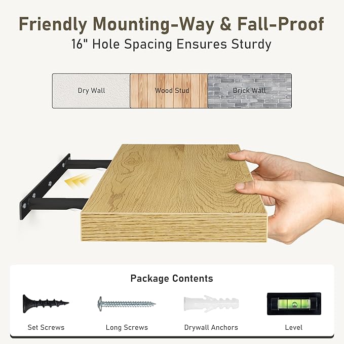 Fun Memories Floating Shelves Wall Shelf 24 inches Long, Farmhouse Bathroom Shelves Bedroom Kitchen Living Room Shelf Wall Mounted, 24 x 6.7 x 1.4 inch Set of 3, Oak Color