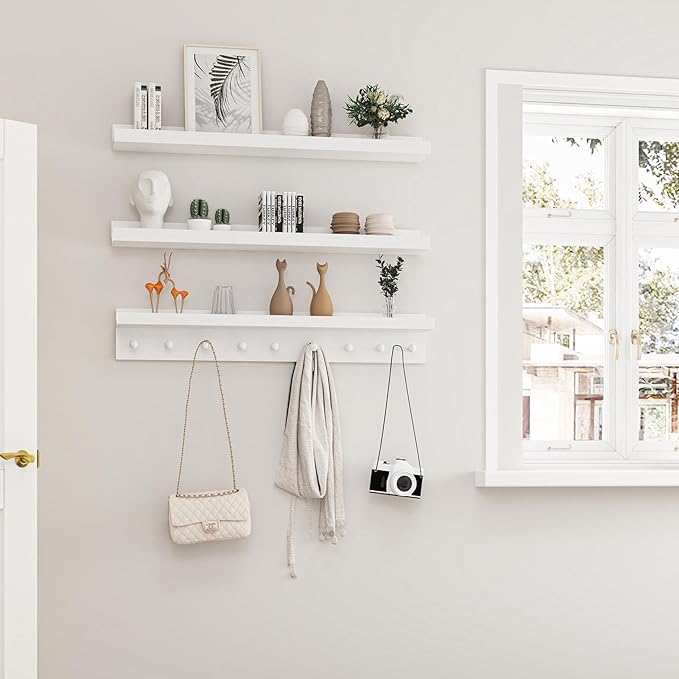 MBYD White Floating Shelves for Wall with Hooks, Nursery Book Shelves for Kids Room, 36 Inch Wall Mount Bookshelf for Living Room Bedroom Bathroom Kitchen, Hanging Picture Ledge Shelf Set of 3
