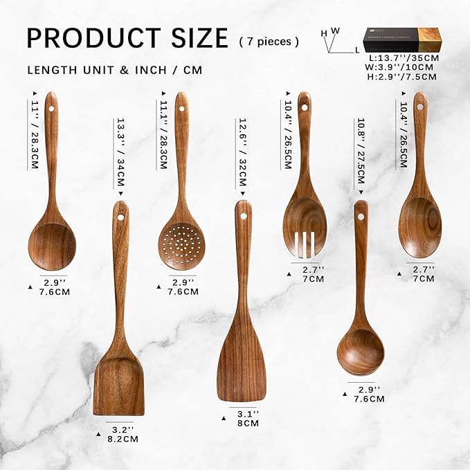 Wooden Spoons for Cooking, Nonstick Cooking Utensil Set with 7 Piece Acacia Wooden Spatulas and Spoons for Cooking, Terrific for Everyday Kitchen Tasks