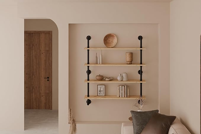 Industrial Pipe Wall Shelves Shelving with Real Wood Plank,48 Inches Floating Shelf for Wall Farmhouse Book Shelves Dark Brown 4 Tier for Kitchen,Living Room Decor and Bar Shelving