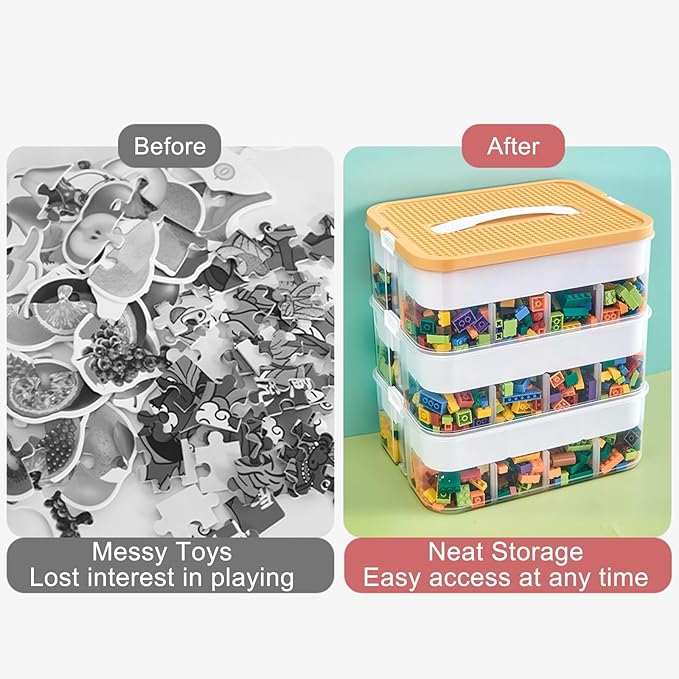 Toys Organizer Storage Case for Lego Box Kids Toy Stackable Building Blocks with Lids Bins Adjustable Lego Storage Containers Plastic Toy Box 1 Layer (Lemon)