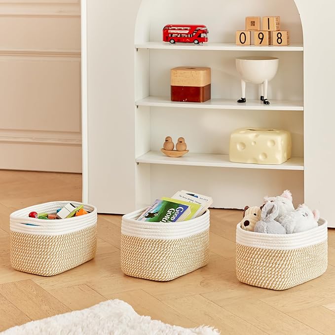 Small Cotton Rope Storage Basket Set of 3-11"x7"x7" Perfect Woven Baskets for Storage, Ideal Storage Baskets for Organizing Toys, Towels, and More - Baskets for Shelves(White & Mixed Camel)