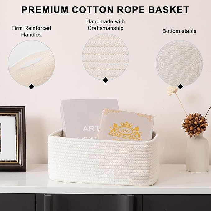 4 Pack Small Storage Shelf Baskets for Organizing, Mini Woven Rope Storage Bins for Towels, Cute Decorative Closet Organizer,Baby Nursery, Gift Empty Baskets -13''Lx8.66''Wx5.11''H-White