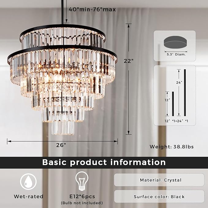 Luxury 6-Tier Round K9 Crystal Chandelier, Black Finish 26 Inch Diam Ceiling Light, Classic Elegant Chandelier with Crystal Piece, Lighting Fixture for Hallway, Bedroom, Living Room