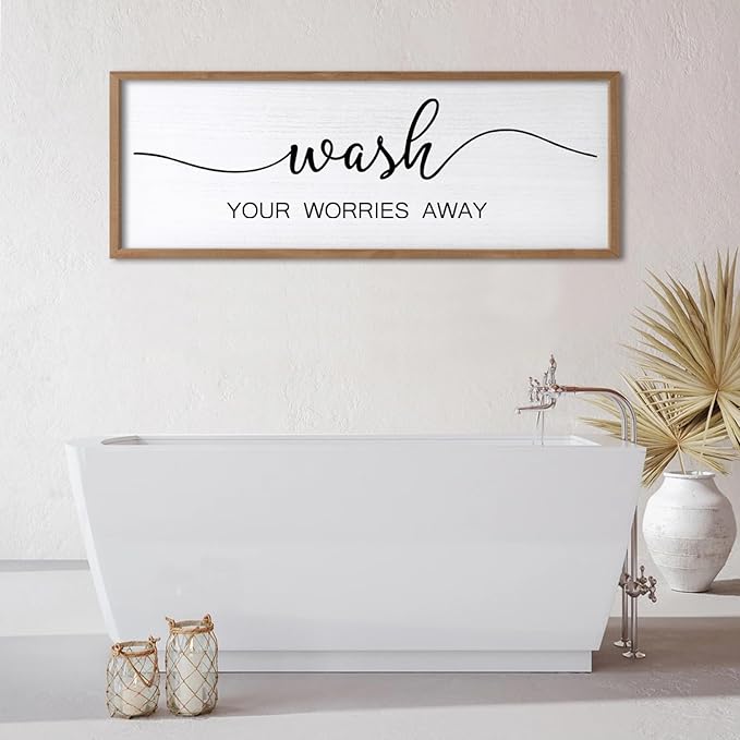 Wash Your Worries Away Wall Art Sign 32"×12" Laundry Room Large Wood Framed Restroom Toilet Wall Decor Hanging (Wood)