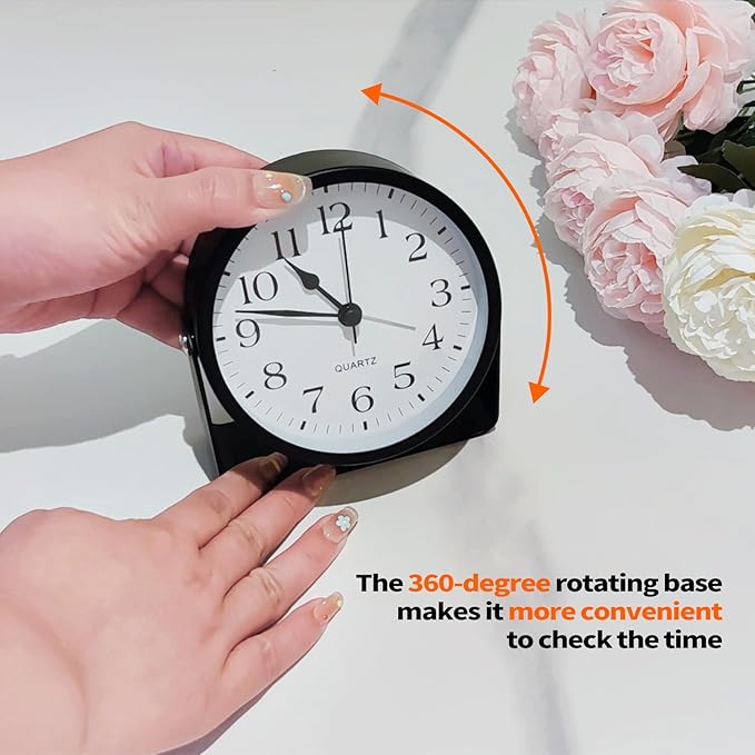 Small Desk Analog Alarm Clock Battery Powered Mini Metal Nightstand Shelf Clock with Light Side Table Decor Mid Century Cute Alarm Clock for Heavy Sleepers Bedrooms Desktop Living Room Bathroom