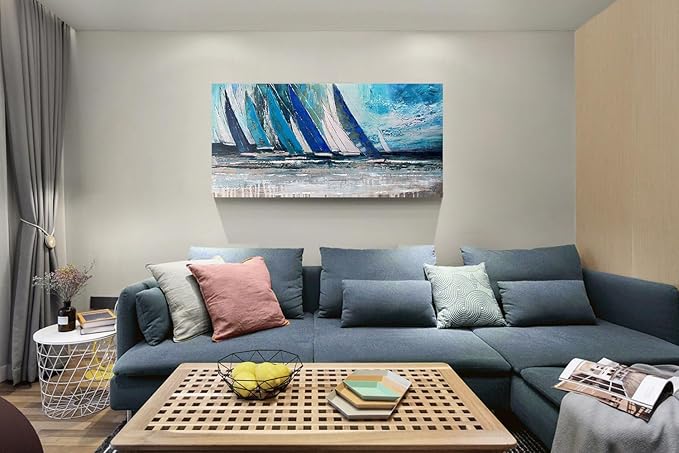 Arjun Blue Abstract Wall Art Canvas Teal Ocean Sailboat Picture Modern Turquoise Coastal Nautical Painting Large 48"x24" Framed Textured Artwork for Living Room Bedroom Bathroom Home Office Wall Decor