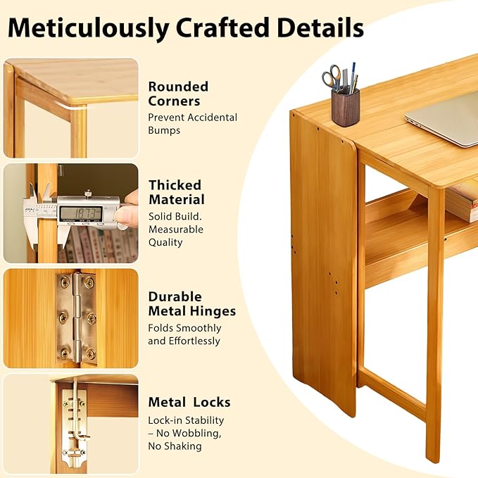 31.5" Bamboo Folding Desk,Space-Saving Computer Desk for Small Spaces, Foldable Study Table for Bedroom, Home Office, Dorm, Apartment(Natural)