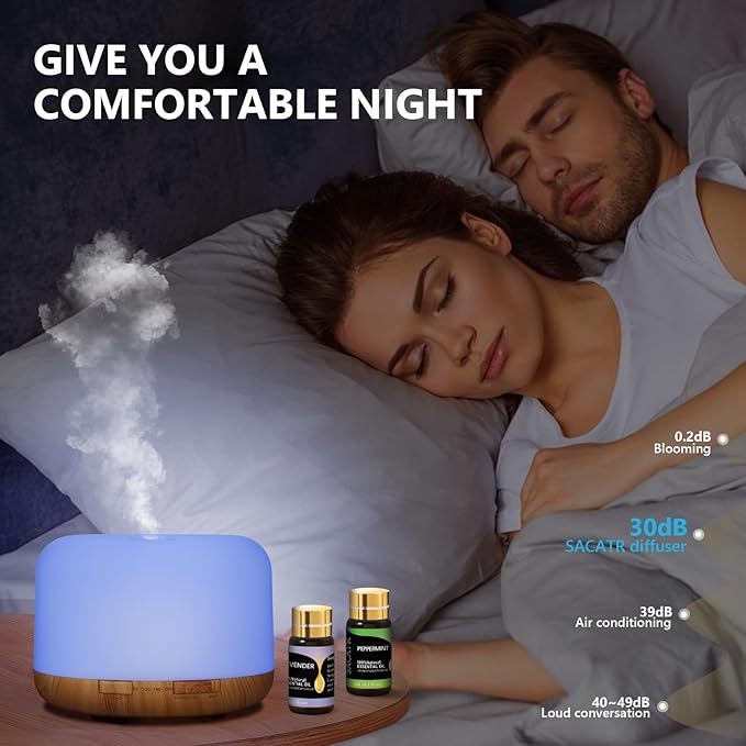 SACATR Essential Oil Diffusers for Home with 15 Oil Diffuser Sets, 500ml Aroma Diffuser for Essential Oils Large Room, Ultrasonic Cool Mist Diffuser Auto Shut-Off 4 Timers 15 Colors (15x5mL)